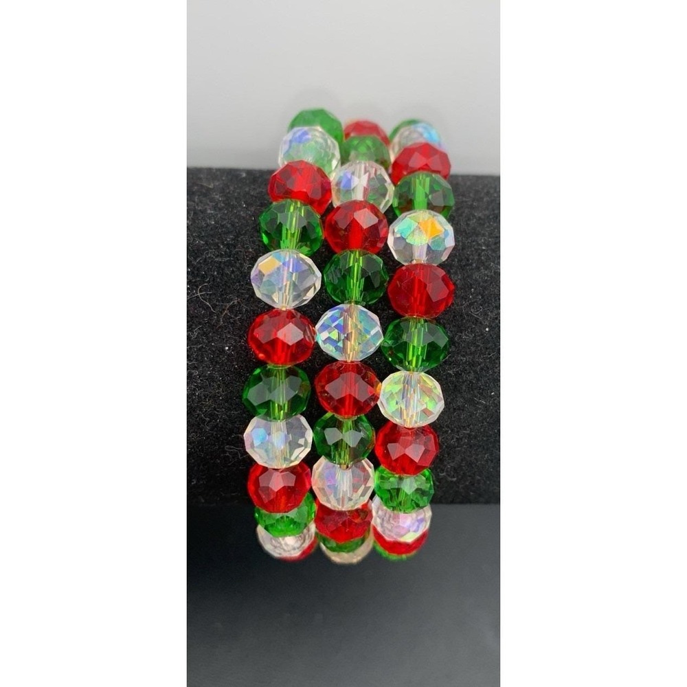 Handmade Faceted Crystal Glass Christmas Colors Memory Wire Beaded Bracelet